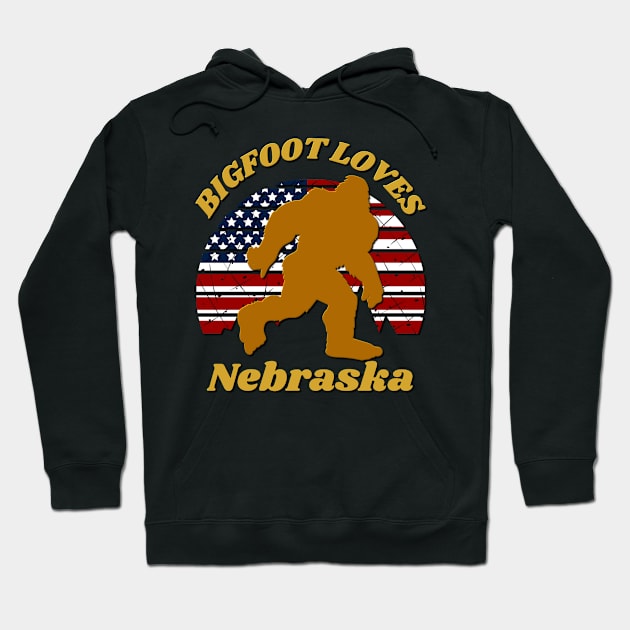 Bigfoot loves America and Nebraska too Hoodie by Scovel Design Shop